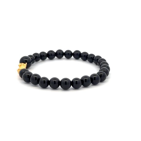 18K Gold Pixiu Piyao Bracelet Gemstones Onyx 6mm Elastic Bracelet Letter O - Picture 3 of 6